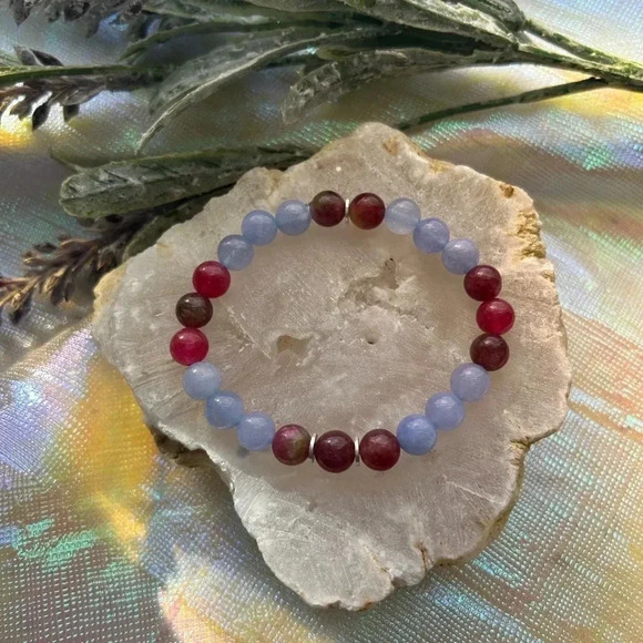 Handmade Blue Lace Agate + dyed pink & green quartz bracelet  💘 - Picture 1 of 3